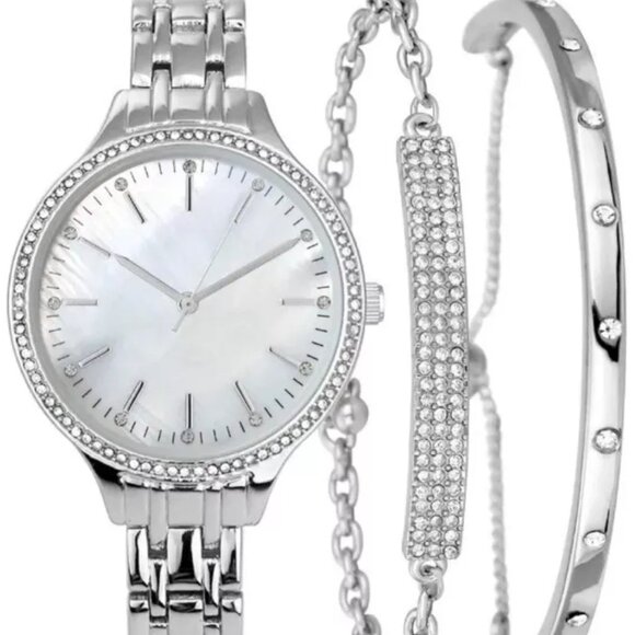 Womens INC International Concepts Silver Tone Rhinestones Watch & Bracelet Set - Picture 3 of 4